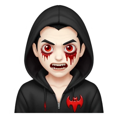 Vampire with gray white skin and full white eyes and bloody fangs and a black hoodie and scary face and black hair  sticker