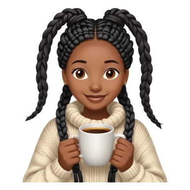 A dark-skinned Black woman with long black box braids, holding a steaming coffee cup with both hands, wearing a cozy sweater, smiling. sticker