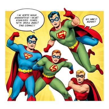 Icon for Vintage American Comics: an open comic book with classic 1940s-1950s American comic art, featuring superheroes in bold, bright colors, with action panels and exaggerated speech bubbles. The icon should represent the nostalgic style of vintage comics. Transparent background. sticker