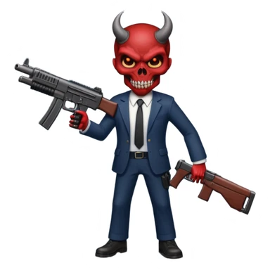 A Demon from hell that is dressed like a fbi agent with a machine gun, full body pointing the machine fun to the left. In the style of your bleeding skull artwork. sticker