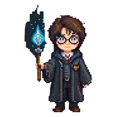Harry Potter holding a magic wand in pixel art style sticker