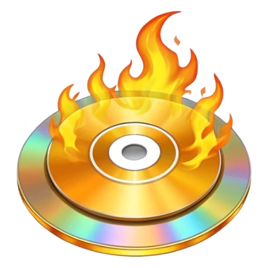 A CD disc with a fiery design, yellow fire sticker