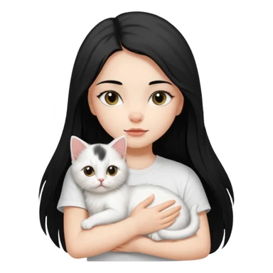 a girl with long dark black straight hair, in a white t-shirt, hugs a persian kitten 3 months old had a half spot black on her face and white one cat. emoji | AI Emoji Generator sticker
