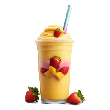 a mix smoothie with 3 layors strawberry smotthie on top mango smoothie in the middle and mango chunks at the botto sticker