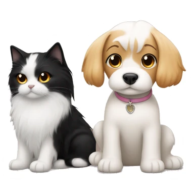A girl with black hair cuddles a Maltese dog and ginger cat side by side  sticker