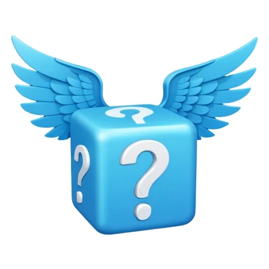 Blue cube with blue wings and has a white question mark sticker