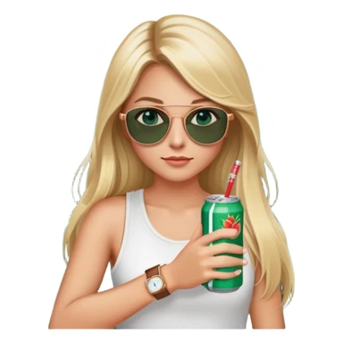 girl with long blond hair
with blue eyes
and aviator sunglasses
wearing white tank top 
holding one soda can without straw
wearing (rose gold apple watch with forest green band) sticker
