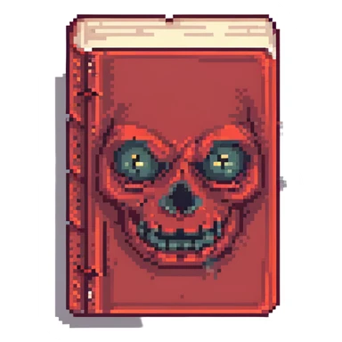 red cursed book with a sinister face sticker