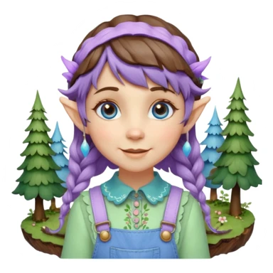 Kind happy whimsical quirky Girl toymaker, wood carving elf. Woodland nature creator. Blue eyes. Short bob, brown wavy hair with bangs. Whimsical playful cute. Overalls with nature embroidered cute shirt collar. Light green, light purple and light blue colour aesthetic  sticker