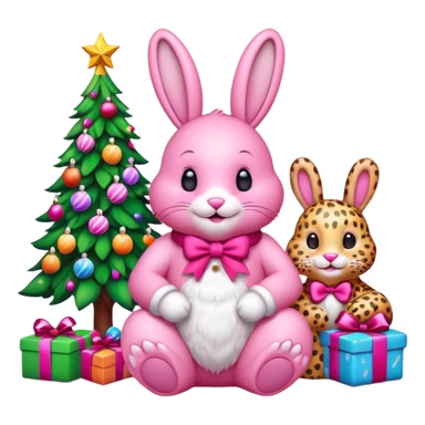 Smiling Pink Bunny with Santa sitting by a Pink Leopard and brightly lit colorful Christmas trees and candy canes 🎁  sticker