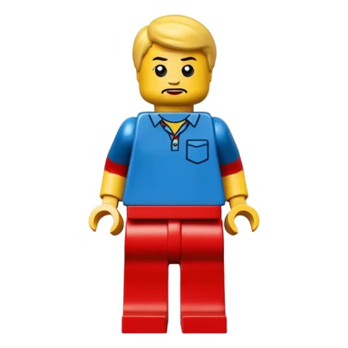 LEGO minifigure, classic yellow face, blocky body, surprised expression sticker