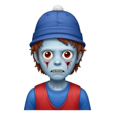 brown fluffy hair zombie with blue and white hat dark blue jilet red t shirt sticker
