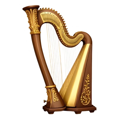 Create a luxurious and elegant emoji representing the LOUIS XV SPECIAL harp by the American manufacturer Lion & Healy. The design should feature the intricate, ornate frame of the harp with beautifully detailed carvings, highlighting the classical Louis XV style. Add golden strings and a subtle glimmer to evoke the high-end craftsmanship. Include delicate accents like musical notes flowing around the instrument to symbolize its melodic sound. Use warm, rich colors like gold, mahogany, and deep wood tones to reflect its luxurious and classical design. The background should be transparent. sticker