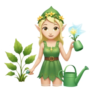 elf female tending to glowing beach plants, floral sundress, watering can or magic light, pointy ears, gentle smile, centered emoji, pastel magic sticker