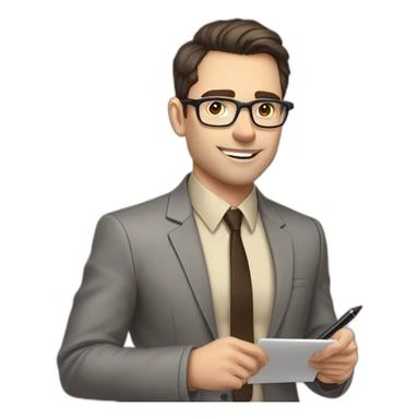 Pale skinned fit man with dark brown hair in gray jacket, beige office shirt, brown tie, brown pants and vintage glasses Writing on the marker board sticker
