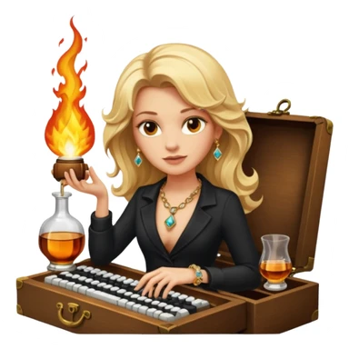 A sketchnote illustration rendered in a strong moody style, featuring a blonde woman with cascading gorgeous hair, a keyboard, a whiskey bottle, a key, a jewelry box, and fire elements against a black background. The lighting is low with low contrast, emphasizing dramatic shadows. sticker