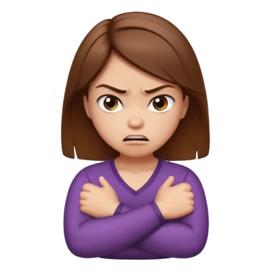 Girl with brown hair crossing arms in front of her chest and making an angry face sticker