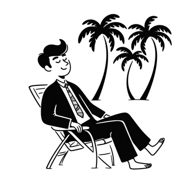 hand-drawn blonde man in business suit sitting on beach chair with palm trees, on vacation sticker