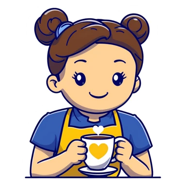 Cute brunette barista girl with hair in a bun wearing yellow shirt and dark blue apron, she's relaxed and making heart-shaped latte art, smiling at the coffee cup with a heart design in the foam sticker