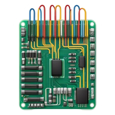 An icon featuring a circuit board, electrical wires, symbolizing electrical engineering. The design includes resistors, capacitors, and a power transformer, representing the study of electrical systems and innovation. Transparent background highlights modern electrical technology sticker