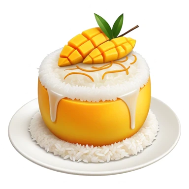 cinematic-realistic-mango-sticky-rice-dessert-emoji,-showcasing-sweet-sticky-rice out of a mould-paired-with-ripe-mango-slices-and-coconut-milk-rendered-with-lifelike-detail-and-warm,-inviting-lighting with the coconut  milk over the rice sticker