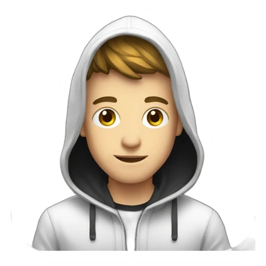 Young white developer with a black hood behind his laptop on a desktop sticker