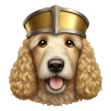 A golden doodle wearing a medieval nasal helmet  sticker