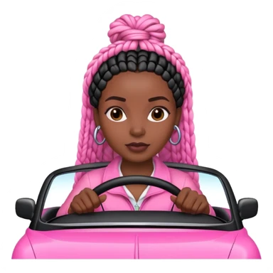A dark-skinned Black woman with black box braids, driving a pink car sticker