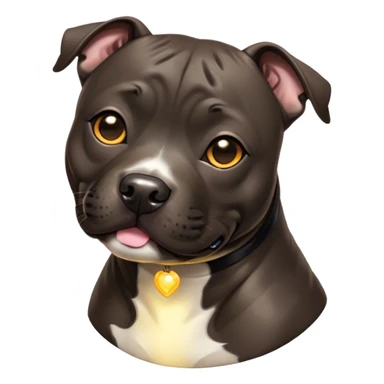 Cinematic Cute Black/Brindle Staffordshire Bull Terrier Portrait Emoji, Head tilted playfully and inquisitively, featuring a glossy Fur with a dynamic mix of black and brindle, round, sparkling dark eyes filled with curiosity, Simplified yet irresistibly adorable features, highly detailed, glowing with a warm, friendly glow, high shine, affectionate and spirited, stylized with a touch of whimsy, bright and endearing, soft glowing outline, capturing the essence of a mischievous yet loving pup, so playful it feels like it could bound out of the screen and into your arms! sticker