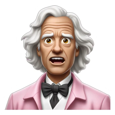 Doc brown from back to the future looking shocked and his mouth wide open. No eye-ware. Wearing a silver robe with black trim over a pink collard shirt with white tie. sticker