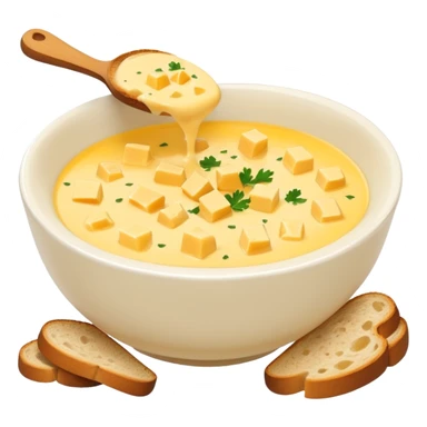 cheese soup with garlic, and cubes of dry dark bread in bowl sticker