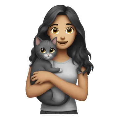 a girl with dark hair hugs a gray kitten sticker