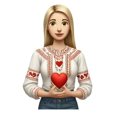 A Ukrainian woman in an embroidered shirt holds a heart in her hands sticker
