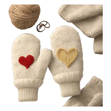 A pair of cozy knitted beige mittens with a hear design sticker