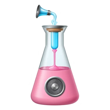 bublegum pink flask beaker with music coming out, as well as a vintage audio speaker sticker