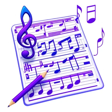 Emoji that represents music track writing. The design should feature a music composition sheet with musical notes and lyrics, a digital audio workstation (DAW) interface or soundwaves, and a pencil or pen to symbolize the writing process. Add a touch of technology with subtle elements like sound mixing sliders or waveform graphics. Use a blend of vibrant and inspiring colors, such as electric blue or neon purple, to evoke a sense of creativity and innovation. The background should be transparent. sticker