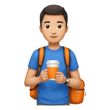 an asian man in blue t-shirt with orange cup of coffee and backpack on the back. Eiffel tower on the background sticker
