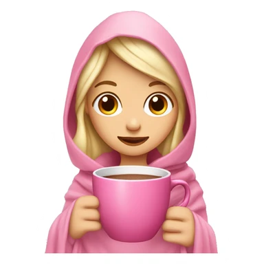 blonde girl with a pink blanket over her head with a cup of hot chocolate in a pink mug sticker