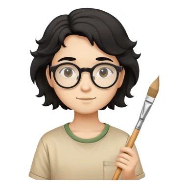 Reliable young painter with round glasses, wavy black hair, beige art shirt, with square paintbrush sticker