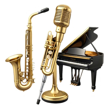 Create an elegant and vintage-inspired emoji representing jazz vocal performance. In the foreground, feature a classic, antique jazz microphone on a stand. Behind it, place a grand piano, with the lid slightly open, and have a Selmer Model 19 Balanced Action trumpet resting on top of the piano. The trumpet should have visible details like its shiny brass finish and the unique design of the valves. Add musical notes flowing around the scene to capture the improvisational essence of jazz. Use rich, deep colors like black, gold, and dark wood tones to evoke the timeless, sophisticated atmosphere of jazz. The background should be transparent. sticker