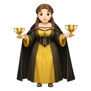 Helga Hufflepuff,brown-haired,2 braids,yellow-black medieval open dress,deep neckline,fat macromastia,black cloak decorated with gold braiding,gold cup with two handles,very kind smile,curvy busty sweet woman,round rosy cheeks,full length with medieval shoes sticker