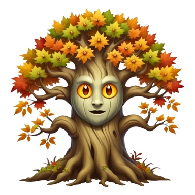 Create a mystical forest menacing creature with the ancient wisdom of a sentient tree whose twisted trunk supports a crown of vibrant autumn foliage surrounding a cheerful, sun-like face that blooms with seasonal energy.


 sticker