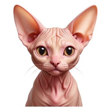 Cinematic Cute Sphynx Cat Portrait Emoji, Head tilted playfully and inquisitively, soft, wrinkled skin in warm peach and pink hues, oversized ears and wide, expressive eyes filled with curiosity, Simplified yet irresistibly adorable features, highly detailed, glowing with a warm, friendly glow, high shine, affectionate and lively, stylized with a touch of whimsy, bright and endearing, soft glowing outline, capturing the essence of a mischievous yet loving kitten, so playful it feels like it could pounce out of the screen and into your arms! sticker