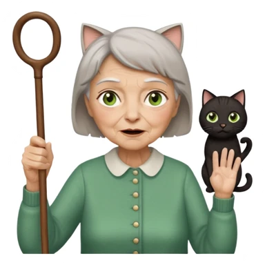 A grouchy old lady with a wooden cane in her hand waving it in the air shouting out "Stay Off My Lawn!" Hair Is short brown with some grey in it eyes are brown also  a pure black cat with big green eyes sitting on her left shoulder. The cat has her left paw up sticker