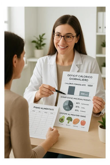 a nutritionist sits at a desk with a client, showing a personalized meal plan and a chart that clearly displays the client’s specific daily caloric deficit. The nutritionist points to the chart, which includes recommended calories, macronutrient breakdown, and healthy food options. The mood is professional, supportive, and educational. scritte in italiano sticker