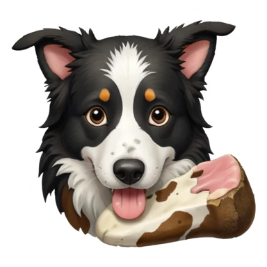 A black and white border collie is chewing on a cow's hoof. sticker