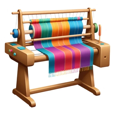 Weaving icon, loom with colorful fabric being woven, visible shuttle, spools of yarn, fabric swatches, sewing patterns, and finished clothing items, minimalistic style, clean lines, transparent background. sticker