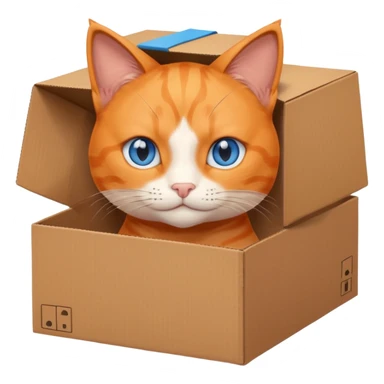 anime character cat that is orange cat, that its body is inside of a simple brown box. cats eyes are blue , but head is showing up sticker