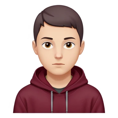 young white European male with short buzzcut dark hair, smooth clear skin, wearing a maroon hoodie with the hood up, oval-shaped face, defined jawline, high cheekbones, symmetrical features, sharp focused eyes, straight prominent eyebrows, calm neutral expression sticker