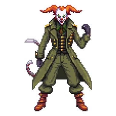 evil clown soldier, bald, small black horns on forehead, fangs, pointed ears, eye patch over one eye, long coat over black and military green clothes with bellbottom pants, tail, realistically proportioned, less bulky, full body, fighting stance sticker